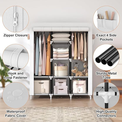 VTRIN Portable Closet Wardrobe for Hanging Clothes with 2 Hanging Rods and 8 Storage Organizer Shelves,Sturdy Large Wardrobe Closet for Bedroom Free Standing Clothes Rack with Cover,White