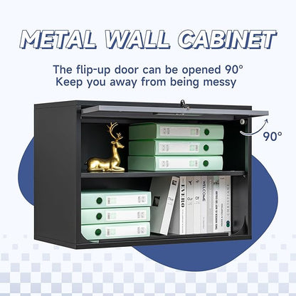 Metal Wall Cabinet with Locking Door and Shelf, Hanging Garage Cabinets with Up-Flip Doors for Garage, Warehouse, Home, Office, Assembly Required (Black Grey, One Cabinet)