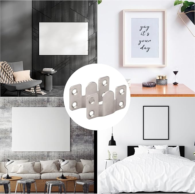4 Pairs Interlocking Flush Mount Bracket Picture Hanging Hooks Stainless Steel Heavy Duty Photo Frame Hook Large Picture Hanger Hanging Buckle Furniture Connector Headboard Wall Mounting Hardware