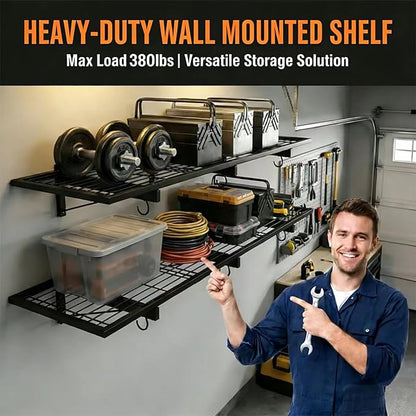 2 Pack Garage Wall Shelves, Heavy Duty Wall Mounted Shelving, 46”x12.5” Floating Shelf, 8 Hooks–Industrial Storage System with Reinforced Steel Powder-Coated Finish, 380lbs Capacity for Shop, Basement