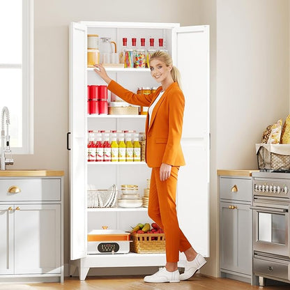 Metal White Storage Cabinet with 2 Doors and 4 Adjustable Shelves, 75" Tall Kitchen Pantry cabinets, Farmhouse Food Pantry Cabinet,5 Tier Freestanding Barn Door Cupboard for Kitchen Dining/Living Room