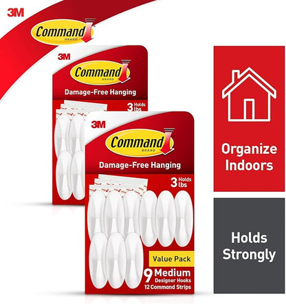 Command Medium Designer Hooks, Damage Free Hanging Wall Hooks with Adhesive Strips, No Tools Wall Hooks for Hanging Decorations in Living Spaces, 18 White Hooks and 24 Command Strips