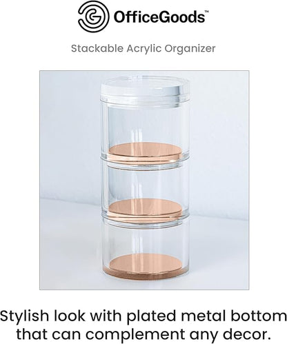 OfficeGoods 3-Tier Stackable Acrylic Holder- Stylish Desk Organizer and Storage for Office or Home – Transparent Round Design with Rose Gold Metal Base