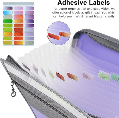 NAFY Accordion File Organizer, 13 Pockets Expanding File Folder with Zipper, A4 Letter Size Portable Accordion Expanding File Folders with 27pcs Multicolor Labels for Office School Supplies (Lavender)
