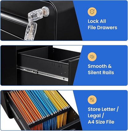 MIIIKO Mobile Filing Cabinet 3 Drawer, Rolling Small File Cabinet with Keys Under Desk, Modern Black Filing Cabinets for Home Office with Anti-tilt Wheels, A4/Letter/Legal Hanging File Drawers