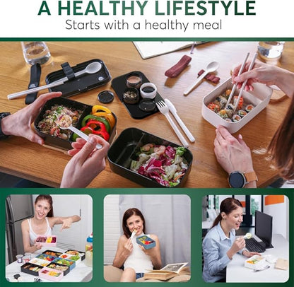 Umami Bento Box Adult All-In-1 w/4 Utensils, 2 Sauce Jars, 2 Dividers, 100% Leakproof, Microwave & Dishwasher Safe, Stackable Lunch Containers for Men/Women, Matte Black & Marble, 68 oz