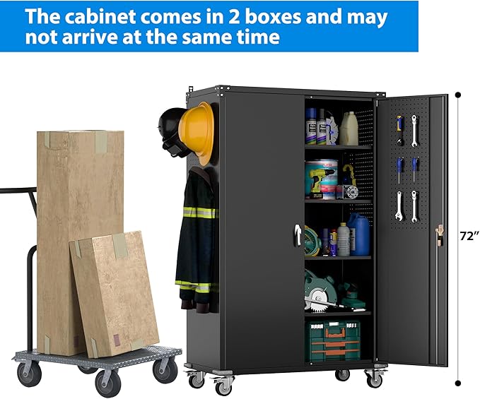 43.3" Wx21.85 Dx72 H Wide and Deep Garage Storage Cabinet with Wheels and Pegboard, Heavy Duty Metal Storage Cabinet with 4 Adjustable Shelves and 9 Hooks for Garage,Warehouse,Home, Black