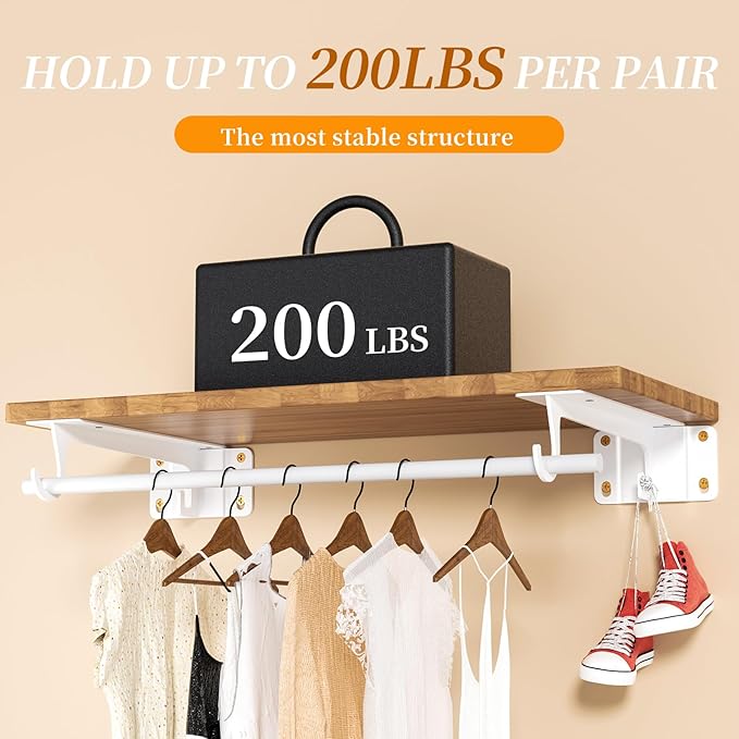 Closet Rod Bracket White WYGWP 11 inch Heavy Duty Shelf Brackets with Rod Holder Supports 200lbs,Sturdy Closet Shelves Wall Mounted for DIY Home and Closet Decor