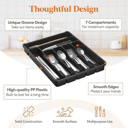 Lifewit Silverware Organizer with Lid, Covered Utensil Tray for Kitchen Drawer and Countertop, Plastic Cutlery and Flatware Storage Box for Spoons Forks Knives Holder Case, 29 x 37cm, Black