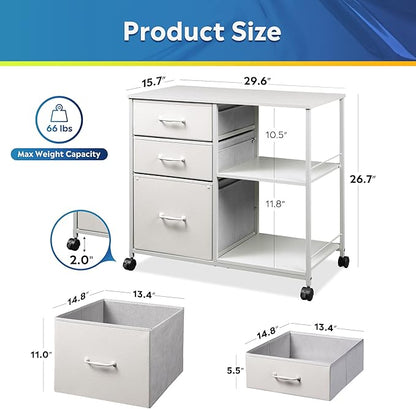 DEVAISE 3 Drawer Mobile File Cabinet, Rolling Printer Stand with Open Storage Shelf, Fabric Lateral Filing Cabinet fits A4 or Letter Size for Home Office, White
