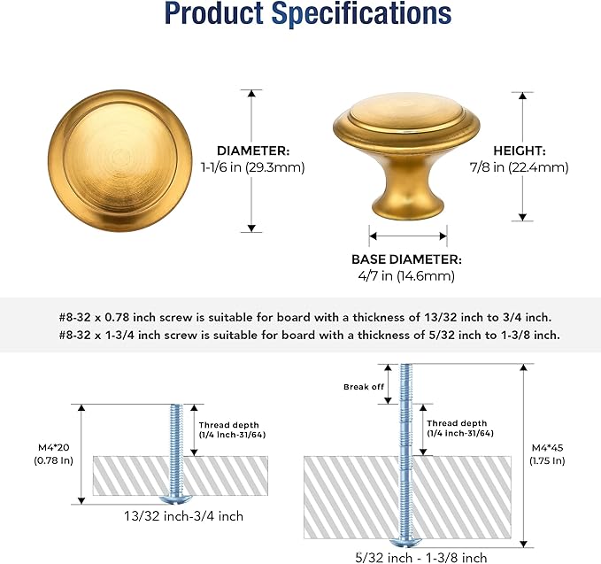 JOY DECOR 30 Pack Gold Cabinet Drawer Hardware 30mm Kitchen Cabinet Knobs Drawer Pulls with Installation Screws for Dressers Kitchens Cupboard
