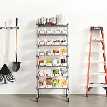 VEVOR 7-Tier Rolling Bin Storage Rack, 24 Small Bins, Bin Rack Storage Steel Wire Shelving System with Wheels, Mobile Tool Organizer for Garage, Warehouse, Office, Restaurant, Classroom, Kitchen