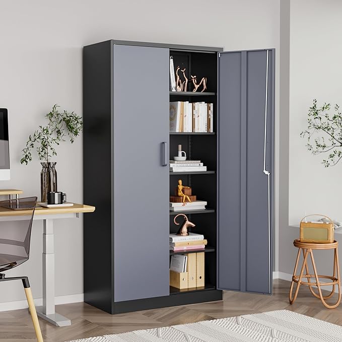 Metal Garage Cabinets, 72" Tall Locking Storage Cabinets with 2 Doors and 5 Adjustable Shelves, Steel Utility Tool Cabinet, Lockable Outdoor Storage Cabinet for Pantry, Garage, Home Office