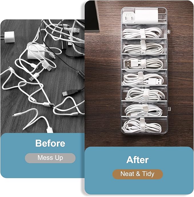 See-Through Cable Organizer Box Wire Management Case Data Cord Organizer Storage,8 Compartment Storage Boxes with 10 Wire Ties,Plastic Clear Lids Terminal Case Small Lipstick Cosmetic Storage Box