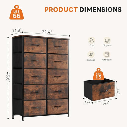 Sweetcrispy 10 Drawer Fabric Dresser Storage Tower with Bins, Tall Chest Organizer for Bedroom Closet Hallway, Steel Frame Wood Top Easy Pull Handles,Rustic Brown