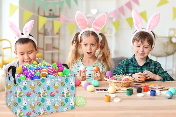 Essme Rectangular Easter Baskets,Pink Easter Storage Basket with Handles for Boys Room Decor, Girls Box,Cute Storage Bin（Blue eggs）