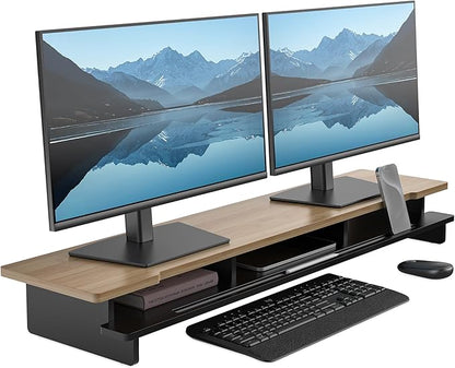 Monitor Stand Dual Monitor Stand Riser for Desk,Wood Desk Shelf Storage Organizer with Phone Tablet Holder (42.5 Inch, Black & Dark Bamboo)