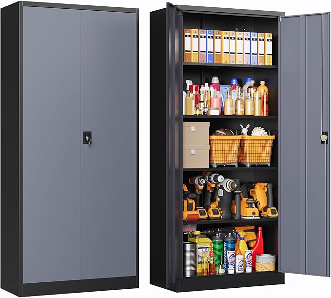 72 Inch Metal Cabinet,Locking Storage Cabinet with 2 Doors and 4 Adjustbale Shelves,Steel Tool Cabinet for Garage,Basement,Home Office,Gym(Grey& Black)