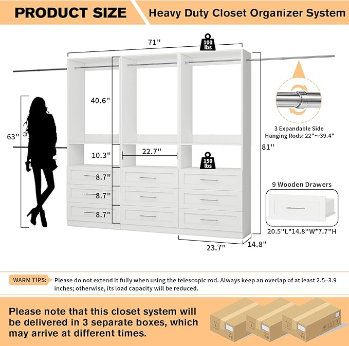 Closet System with 3 Sets, 6FT-15FT Customizable Closet Organizer System with 9 Drawers & 3 Shelves & 6 Hanging Rods, Modular L-Shaped Walk-in Closet or Freestanding Tower Closet Storage System, White