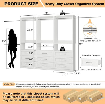 Closet System with 3 Sets, 6FT-15FT Customizable Closet Organizer System with 9 Drawers & 3 Shelves & 6 Hanging Rods, Modular L-Shaped Walk-in Closet or Freestanding Tower Closet Storage System, White
