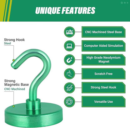 Neosmuk Magnetic Hooks, Heavy Duty 130lb+ Strong Magnet Hook for Cruise Cabins, Cruise Ship Essentials for Hanging, Metal Wall Refrigerator Hangers (Green, 10 Pack)