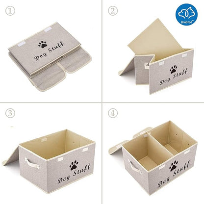 Large Dog Toys Storage Box Canvas Storage Basket Bin Organizer with Lid - Collapsible Linen Bin Ideal for Organizing Dog Cat Toys and pet Stuff-PP Boad-17" x 12" x 10" - Beige