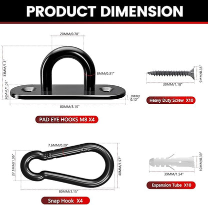 sprookber 304 Stainless Steel Pad Eye Snap Hooks, M8 Heavy Duty Ceiling Hooks, 1200 lb Capacity Hammock Swing Hanging kit, Plant Hangers, Marine Hardware Staple Hook Loop with Screws, Set of 8(Black)