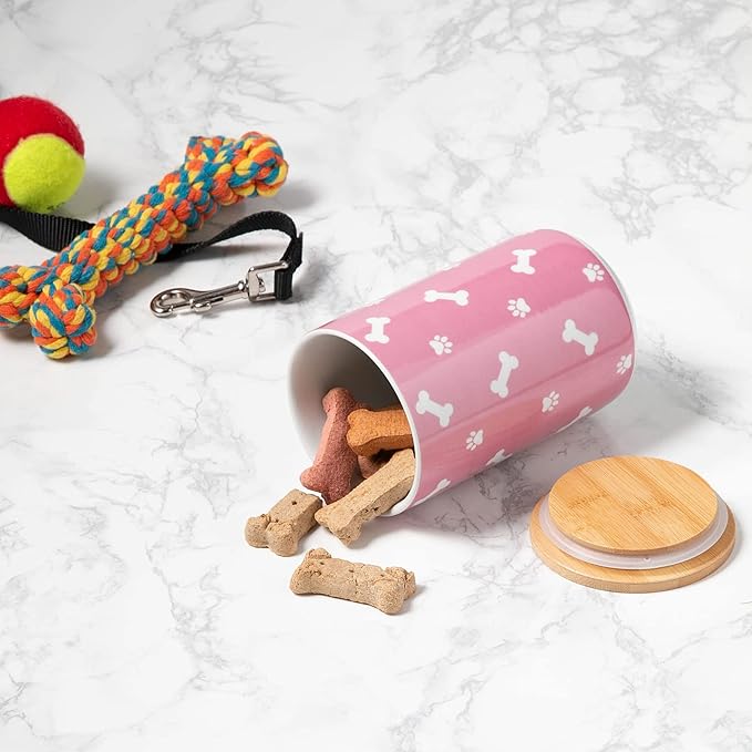 Bone Dry Ceramic Canister with Bamboo Lid, Paw & Bone Collection, Treat Jar, 4x6.5", Rose