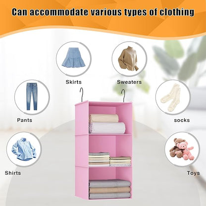 Hanging Closet Organizer and Storage 3-Shelf, Easy Mount Foldable Hanging Closet Wardrobe Storage Shelves, Clothes Handbag Shoes Accessories Storage, Washable Oxford Cloth Fabric, Pink