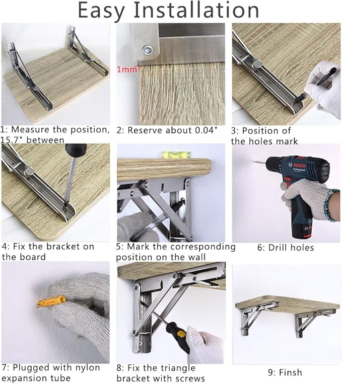Folding Shelf Brackets, Max Load 300 lb, Heavy Duty Stainless Steel Collapsible Wall Mounted Shelf Brackets for Table, Space Saving DIY Bracket, Pack of 2 (2, 20 Inch)