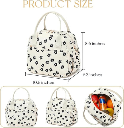 CAMTOP Lunch Box for Women Men Insulated Lunch Bag Lunch Tote Bag Leakproof Thermal Cooler Large Capacity for Travel Work School Picnic (Black Flower)