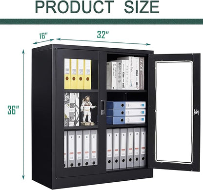Letaya Storage Cabinet,36" Steel Locker, Lockable Glass Door,2 Adjustable Shelf Organizer Pantry for Office File,Home (36"-Black)