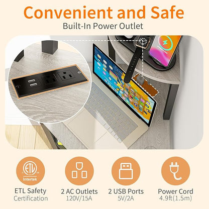 Gray Corner Printer Stand Table, with Power Outlet and USB Charging & LED Lights, for Home Printer Stands, Storage Shelf, Computer Tower/CPU Stand Holder for Home Office, Greige