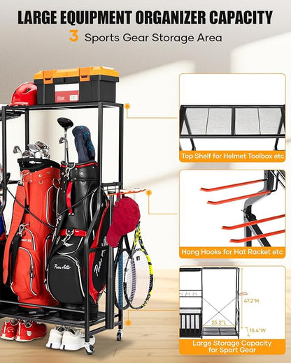 Garage Sports Equipment Organizer with Wheels - Golf Bag Storage Rack and Ball Storage Bins, Heavy Duty Rolling Garage Organizer System with Basket and Hooks for Indoor (Black-Large)