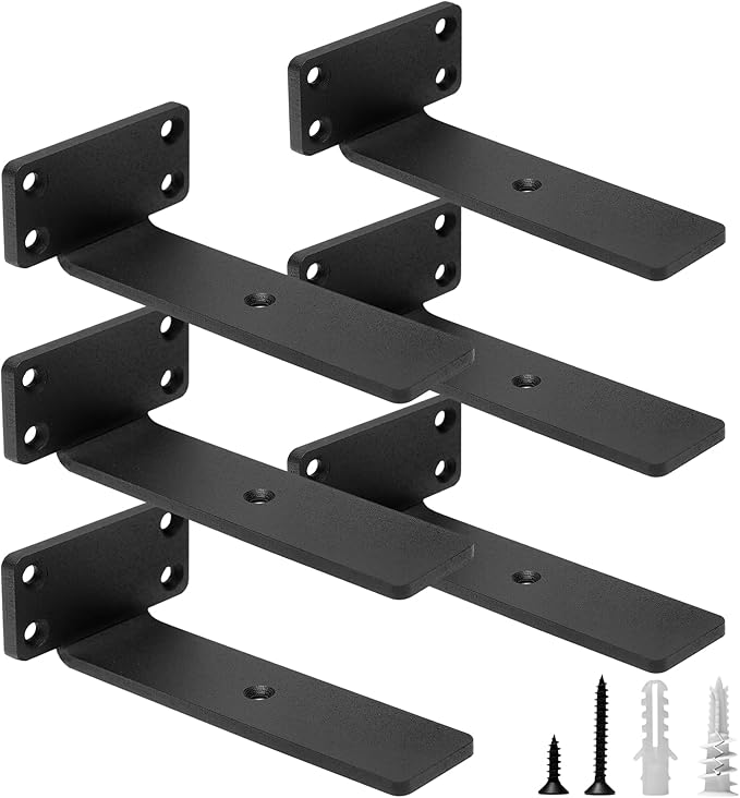 HITOMEN Heavy Duty Floating Shelf Brackets, 6-Inch (1/5'' Thick) Hidden Shelves Hardware, Cast Iron L Brackets, Rustic Industrial Black Metal Wall Shelving Supports, 6 Pack