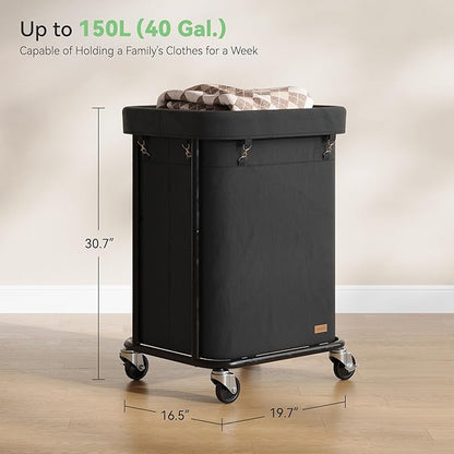Laundry Basket with Wheels 150L/40Gal, Rolling Laundry Hamper with Steel Fram and Removable Washing Bag,Laundry Sorter Cart for Laundry Room,Hotel,Dorm,Black
