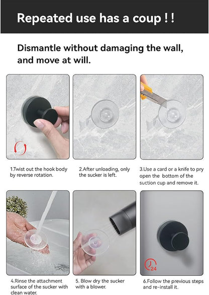 Suction Cup Hooks for Shower, Stainless Steel Towel Hooks for Bathroom Wall, Glass Door, Kitchen, Mirror, Tile, Shower Hooks for Hanging Towels, Robes, Bath Balls (2 Pack，Black)