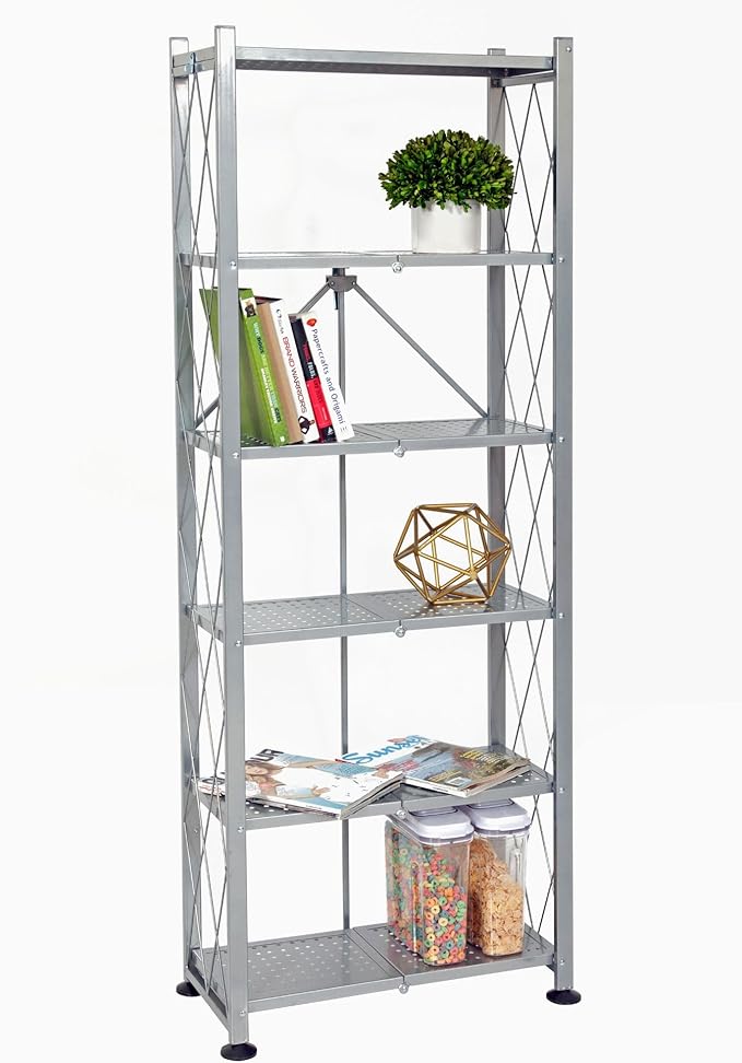 Origami RB Foldable 6 Tier Storage Rack with Wheels, Tall/Slim Model, Silver, Renewed