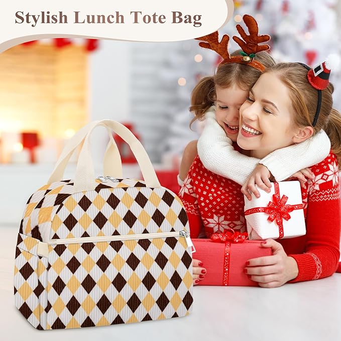 Lunch Box for Women, Cute Corduroy Grid Insulated Lunch Bag Women Reusable Work Leakproof Simple Adults Large Lunch Boxes Tote Bag Men Cooler Bag