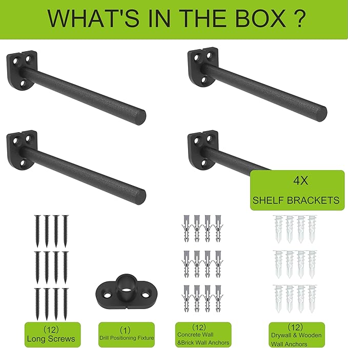 Floating Shelf Bracket（1/4 Inch Thick 4 Pack, 4 Inch Black） Solid Steel Support, Hidden Heavy Duty Shelf Bracket, Invisible &Blind Design for Wood Shelves，Suitable for Kitchen, Study or DIY