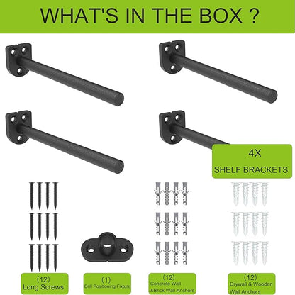 Floating Shelf Bracket（1/4 Inch Thick 4 Pack, 4 Inch Black） Solid Steel Support, Hidden Heavy Duty Shelf Bracket, Invisible &Blind Design for Wood Shelves，Suitable for Kitchen, Study or DIY