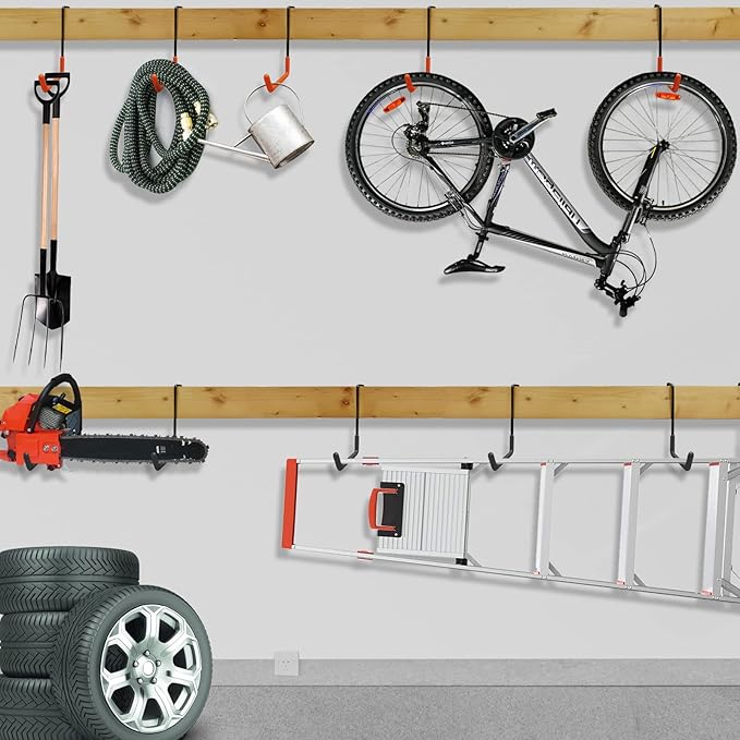 Rafter Hanger Large S Garage Hooks Bike Storage System Holder Organizer, with Non Slip Coating, for Organizing Hanging Basket, Ladders,Bicycle Wheel,Ropes and Bulk Items (12Pack, Orange)
