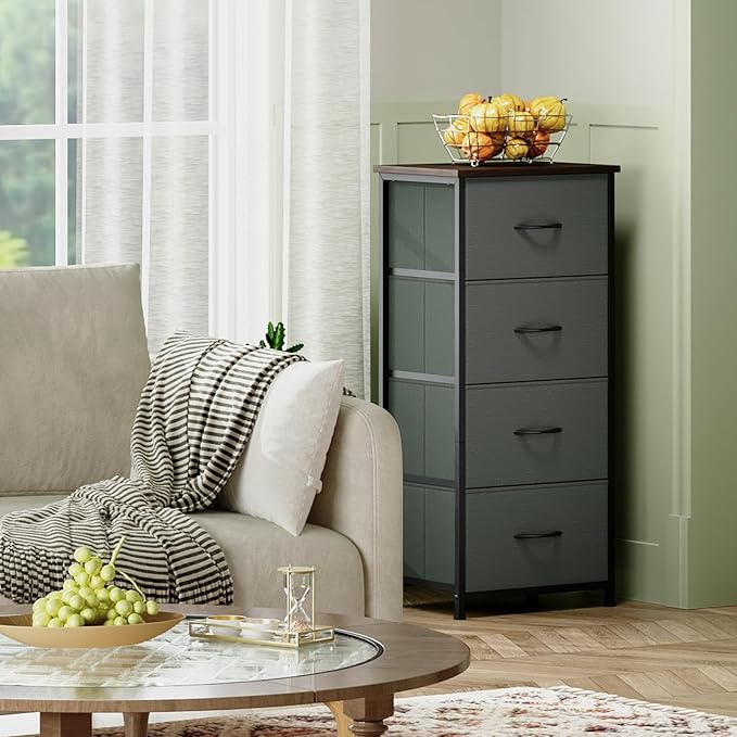 Somdot Dresser for Bedroom with 4 Drawers, Storage Organizer Chest of Drawers with Removable Fabric Bins for Closet Bedside Living Room Laundry Entryway Hallway, Charcoal Grey