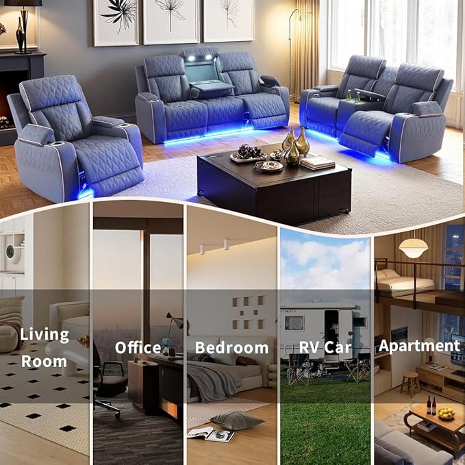 3 Pieces Reclining Living Room Set, Matte Leather Power Recliner Loveseat Chair Set, Living Room Furniture Sets with LED, Cup Holders Hidden Storage for Home/Office/Meeting Room,Creamy White