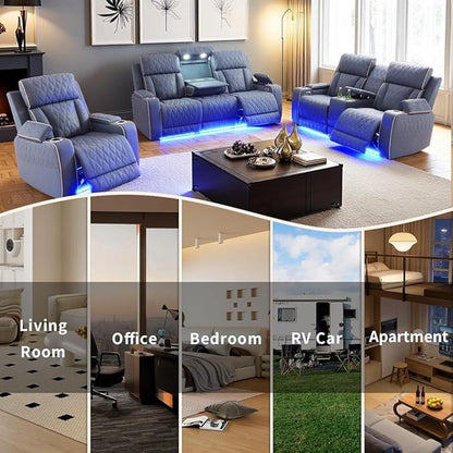 3 Pieces Reclining Living Room Set, Matte Leather Power Recliner Loveseat Chair Set, Living Room Furniture Sets with LED, Cup Holders Hidden Storage for Home/Office/Meeting Room,Creamy White