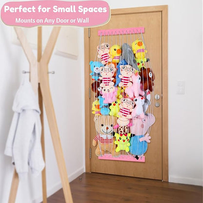 Stuffed Animal Storage Wooden Soft Toy Storage for Kids Room，Wall Mount Door Hanging Stuffed Animal Toy Organizer Shelf for Nursery Play Room Pink -Patent
