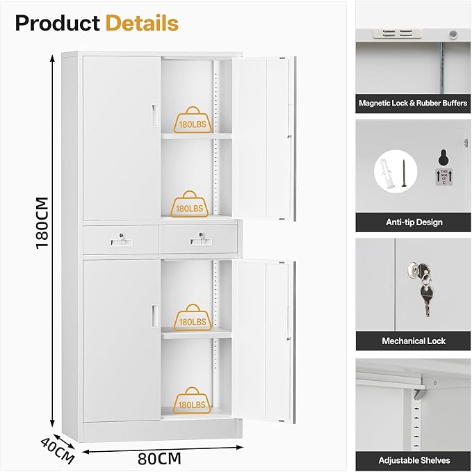 Metal Storage Cabinet with 2 Drawers 71" H,White Metal Garage Cabinets with 2 Lockable Doors and Adjustable Shelves Easy to Assemble for Home Office, Kitchen,Pantry,Garage,Warehouse