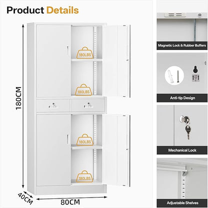 Metal Storage Cabinet with 2 Drawers 71" H,White Metal Garage Cabinets with 2 Lockable Doors and Adjustable Shelves Easy to Assemble for Home Office, Kitchen,Pantry,Garage,Warehouse