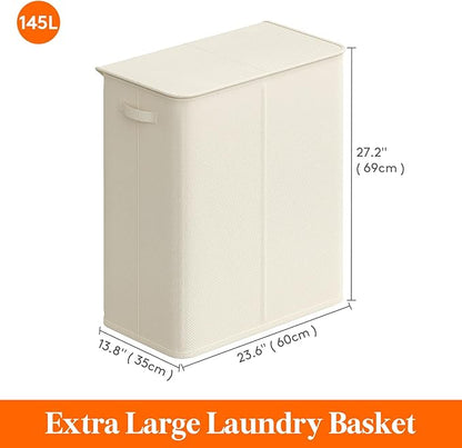 Lifewit Double Laundry Hamper with Lid and Removable Laundry Bags, Large Collapsible 2 Dividers Dirty Clothes Basket with Handles for Bedroom, Laundry Room, Closet, Bathroom, College, 145L White