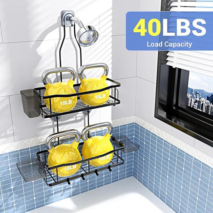 Hanging Shower Caddy Bathroom Organizer: Rustproof Shower Shelf Racks Over Shower Head - No Drilling Inside Bath Shower Rack Shelves Over Showerhead for Shampoo with Soap Holder Black